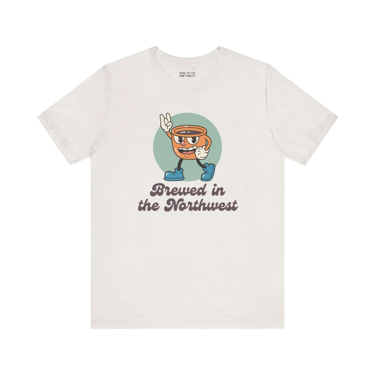 Brewed in Northwest Premium Soft Tee featuring a playful coffee cup design, perfect for coffee lovers.