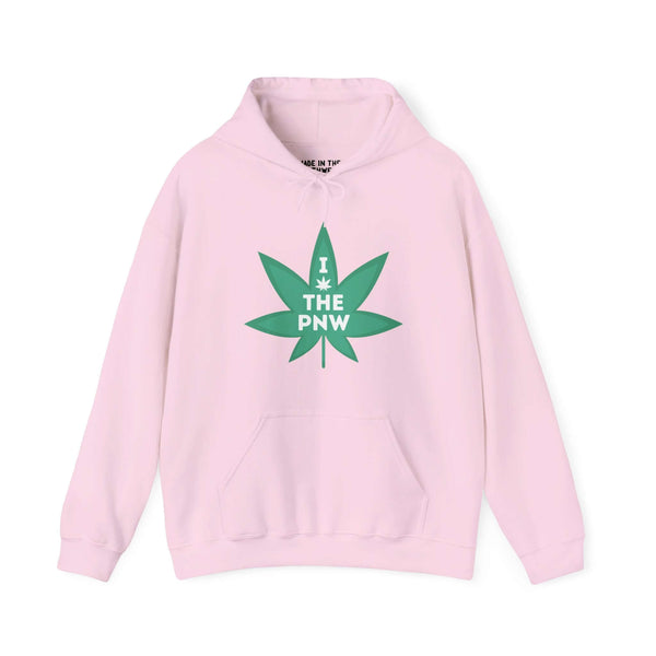 Pink hoodie with "I the PNW" marijuana leaf graphic, celebrating Pacific Northwest love and laid-back style.