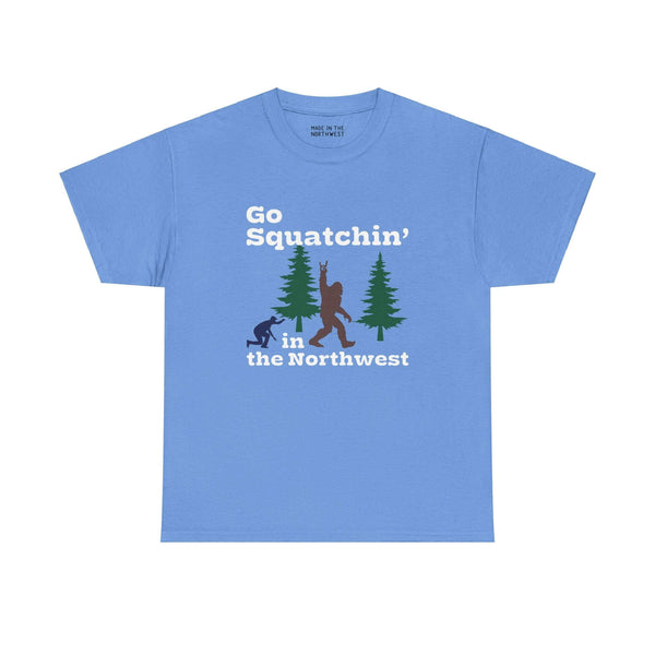 Blue "Go Squatchin' in the Northwest" tee with Sasquatch and trees design, perfect for Bigfoot enthusiasts.