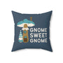 Gnome Sweet Gnome Pillow featuring a whimsical gnome and mushroom print on a cozy accent pillow.