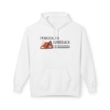 I'm basically a lumberjack hoodie with a bold chainsaw graphic in vibrant colors.