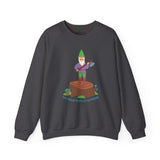 Dark sweatshirt featuring a gnome with an axe standing on a tree stump, captioned 