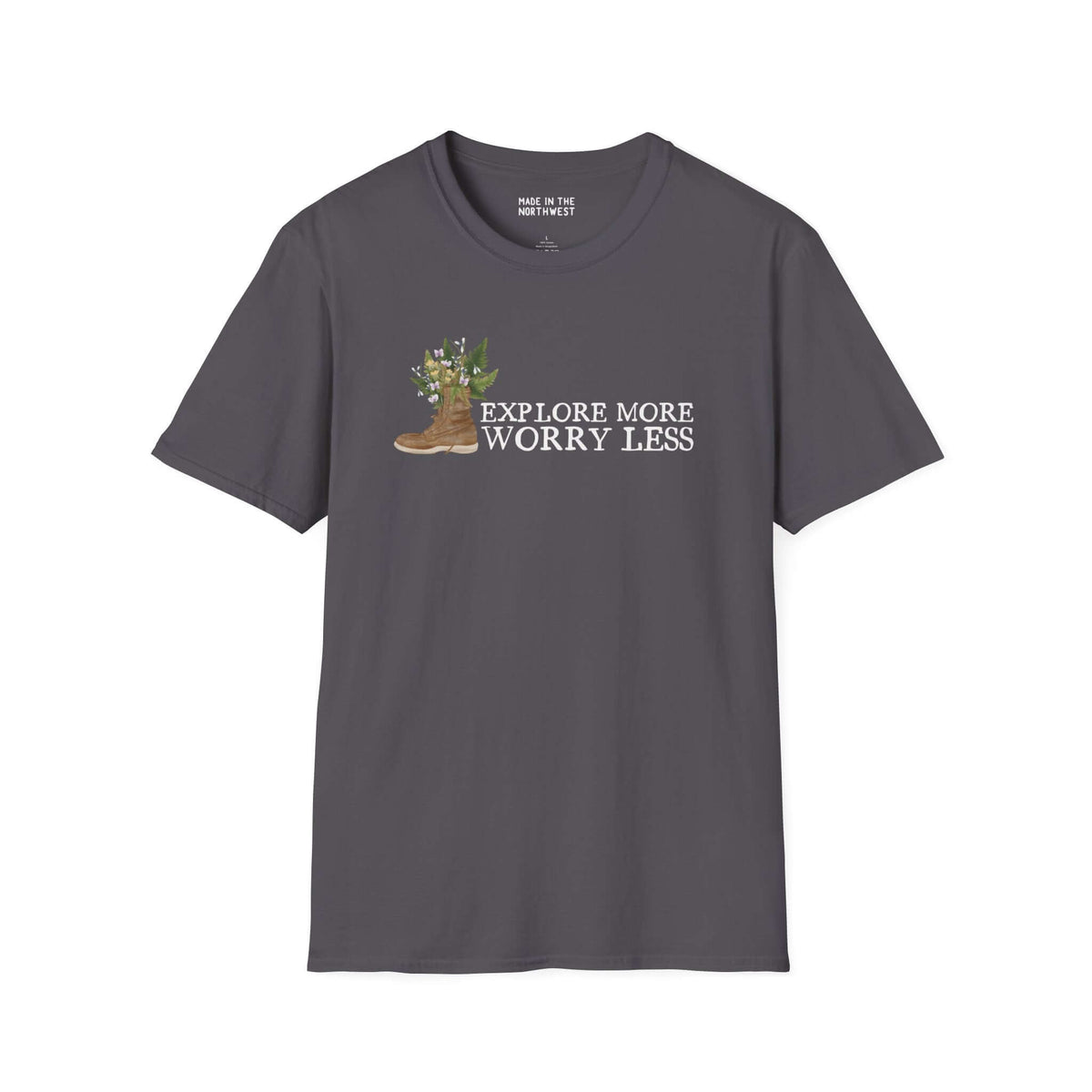 Unisex softstyle t-shirt featuring 'Explore More Worry Less' with a watercolor hiking boot and flowers.