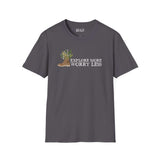 Unisex softstyle t-shirt featuring 'Explore More Worry Less' with a watercolor hiking boot and flowers.