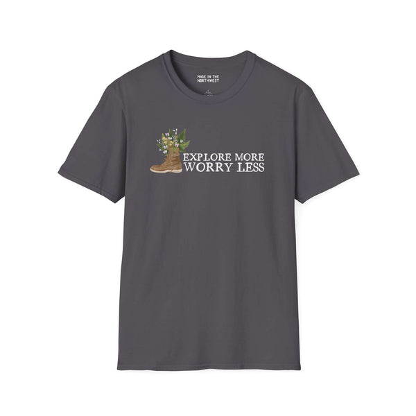 Unisex softstyle t-shirt featuring 'Explore More Worry Less' with a watercolor hiking boot and flowers.