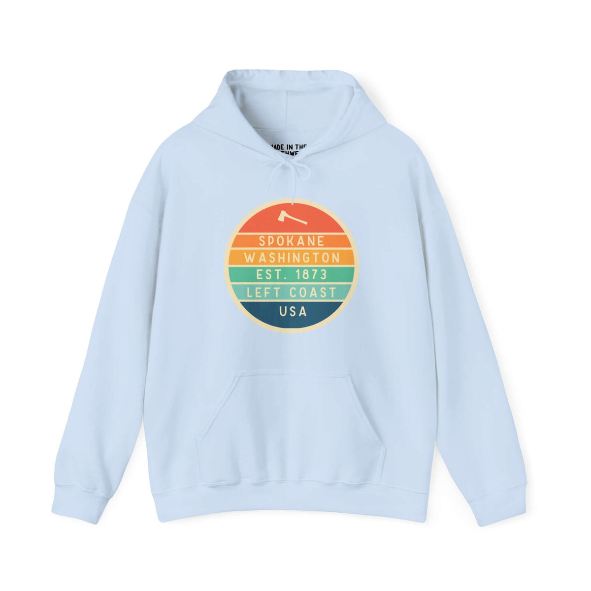 Light blue hoodie with circular Left Coast Heritage logo, celebrating Spokane, Washington and Pacific Northwest culture.