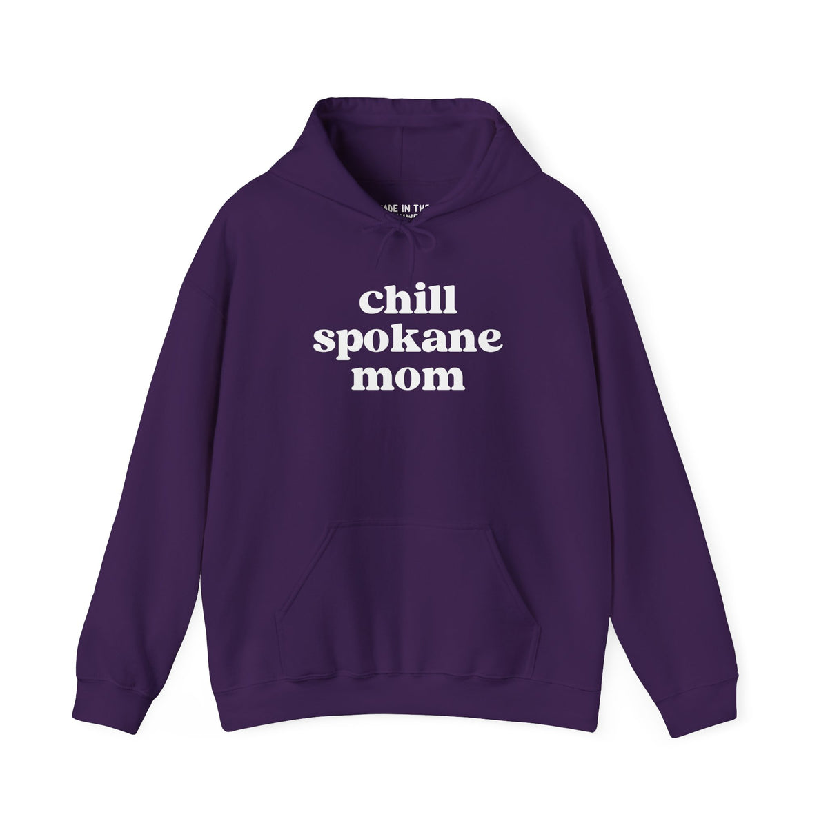 Chill Spokane Mom cozy hoodie in purple, perfect for outdoor adventures and laid-back weekends.