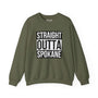 Green "Straight Outta Spokane" sweatshirt with bold text design, perfect for showcasing local pride and streetwear style.