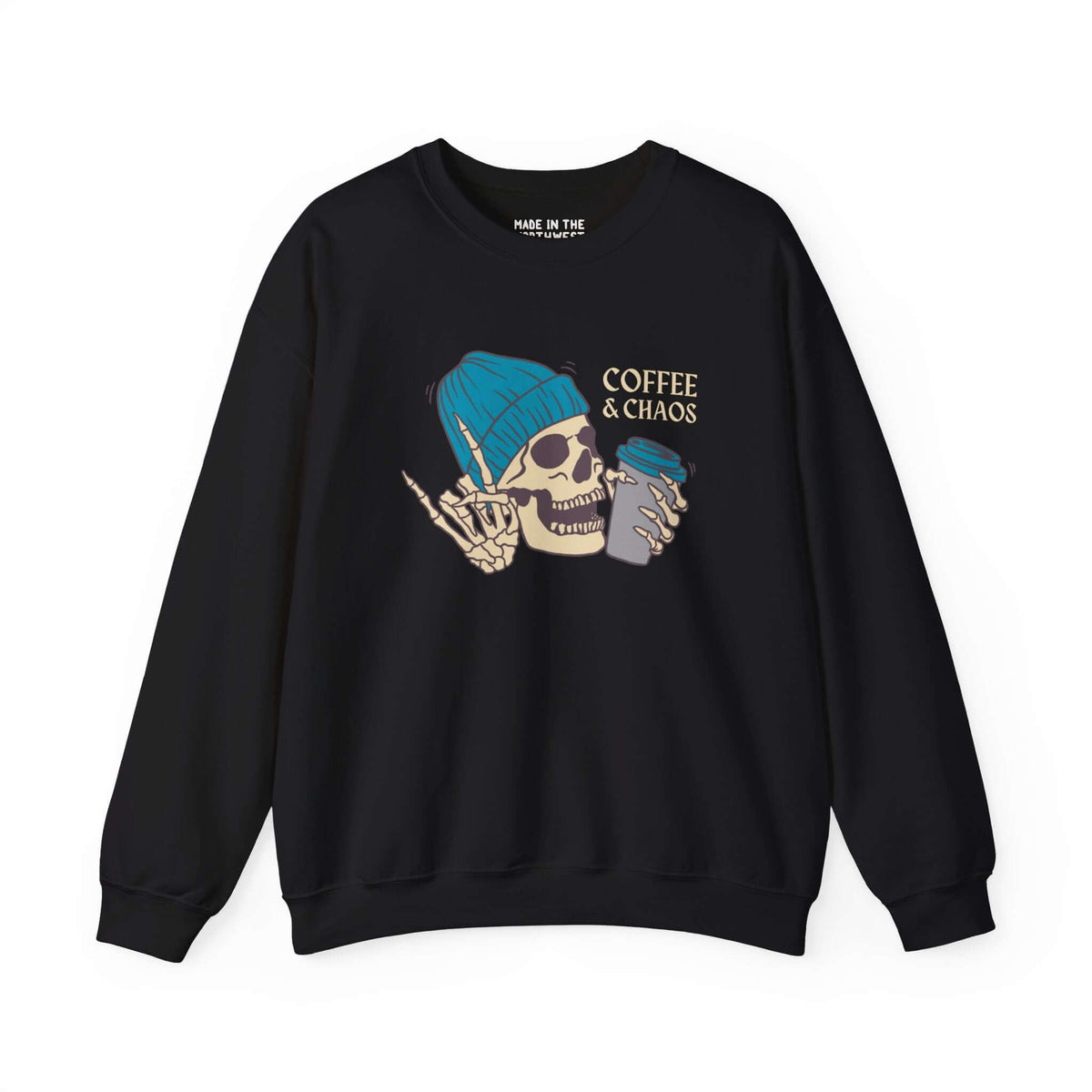 "Black sweatshirt with skeleton graphic, blue beanie, coffee & chaos text, perfect for coffee lovers with a rebellious vibe."