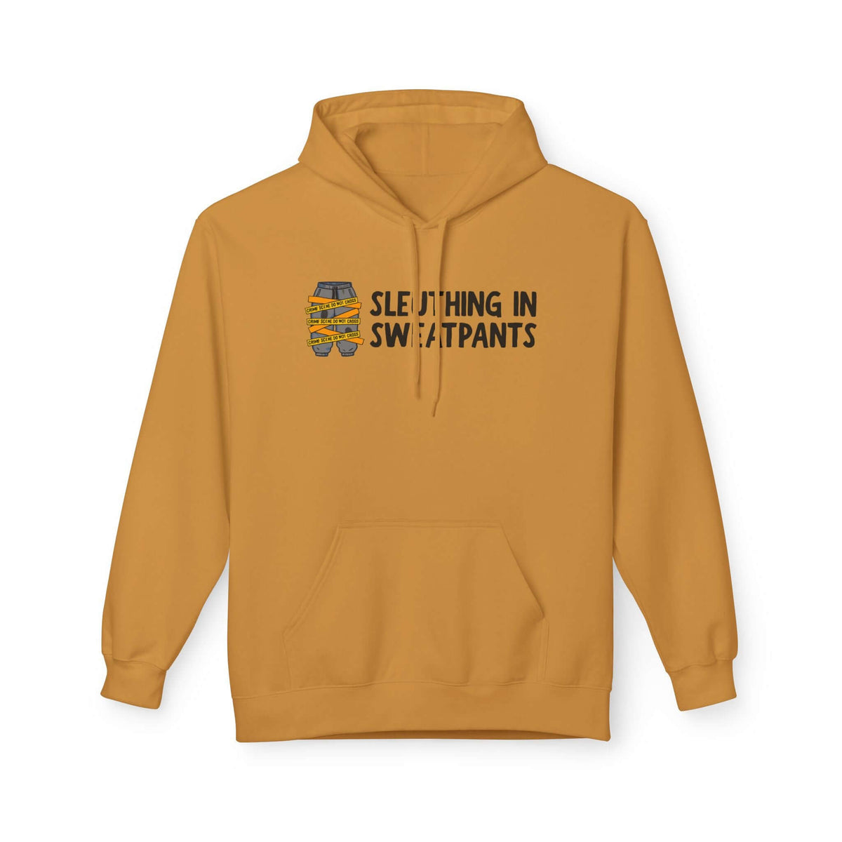 Sleuthing in Sweatpants Hoodie in mustard color with graphic print for cozy casual wear.