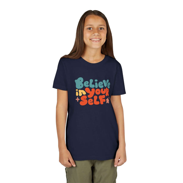 Believe in Yourself Kids T Shirt with colorful lettering on a child wearing a navy blue shirt, promoting positivity.