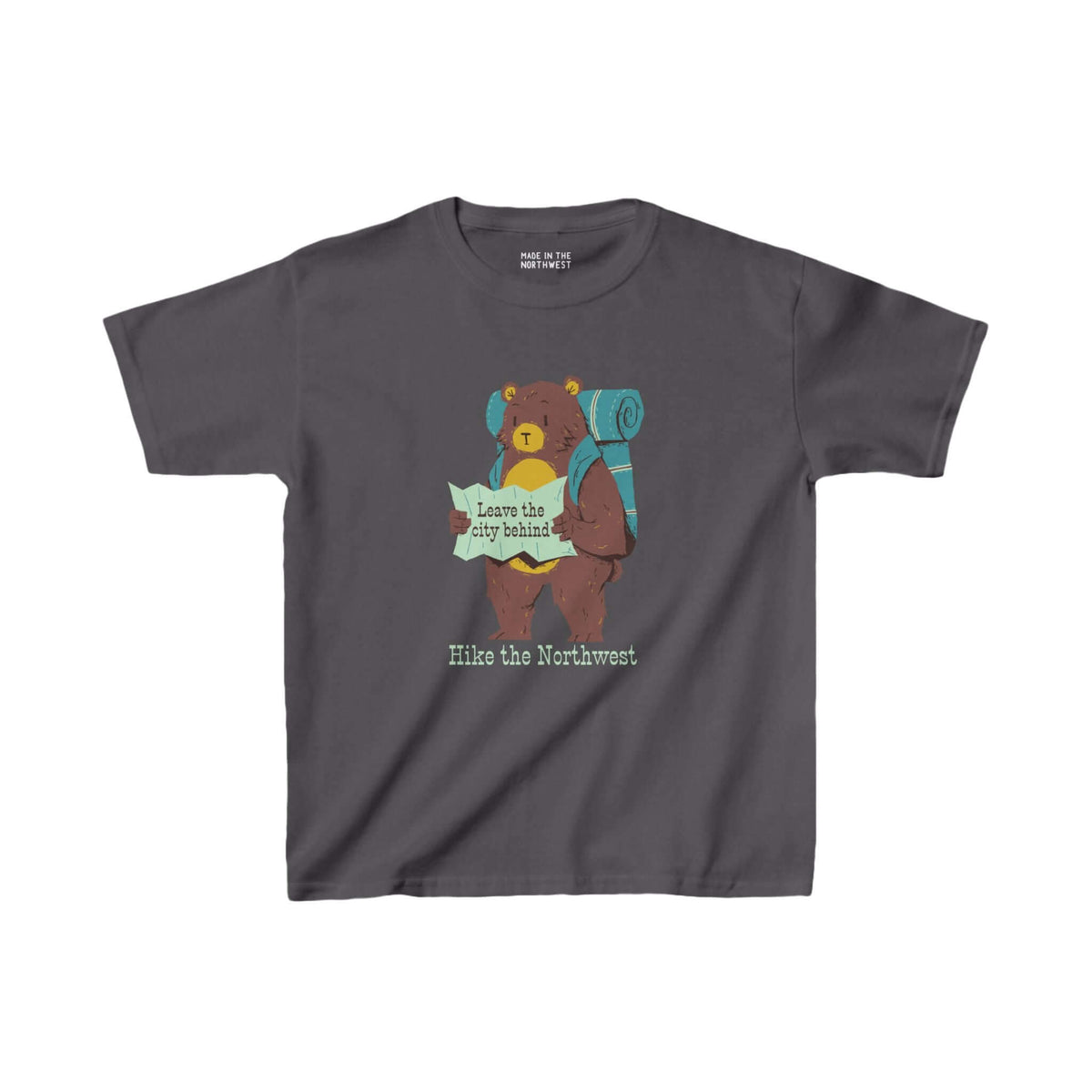 Kids' tee with bear holding map and backpack, text "Leave the city behind, Hike the Northwest", perfect for young adventurers.