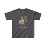 Kids' tee with bear holding map and backpack, text 