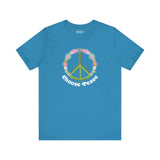 Choose Peace and Flowers premium soft tee with green peace sign and vibrant flower design on blue fabric.