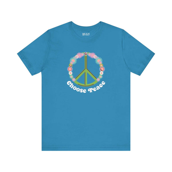 Choose Peace and Flowers premium soft tee with green peace sign and vibrant flower design on blue fabric.