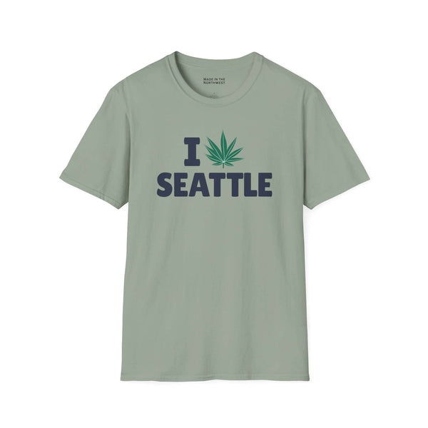 I Marijuana Seattle T Shirt in light green color featuring a marijuana leaf graphic.