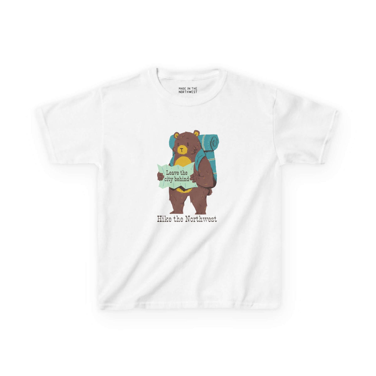 Bear's Big Northwest Adventure kids' tee featuring a bear with a backpack and map, perfect for young outdoor explorers.