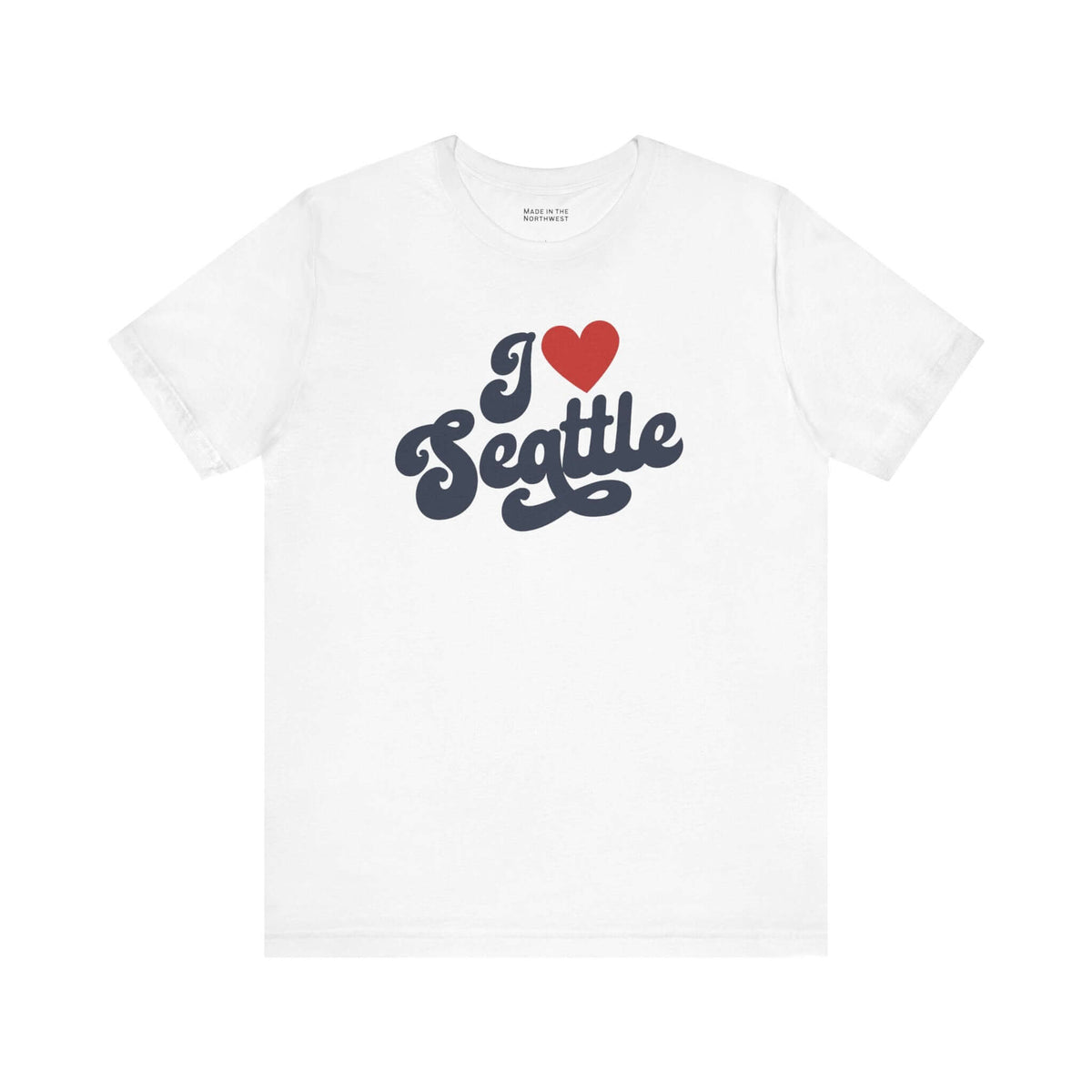 I love Seattle t shirt featuring a cursive design in red and navy on a white background.