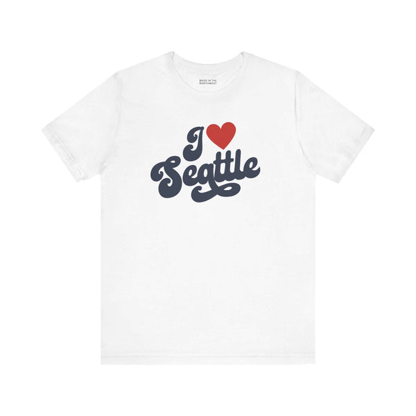 I love Seattle t shirt featuring a cursive design in red and navy on a white background.