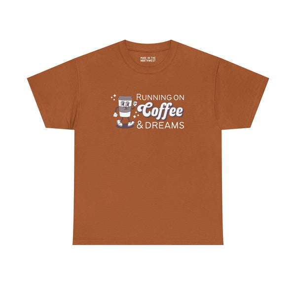 Running on Coffee and Dreams athletic tee with vintage coffee cup illustration, perfect for coffee lovers.