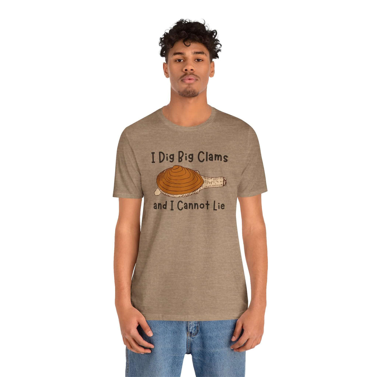 Man wearing 'I Dig Big Clams and I Cannot Lie' premium soft tee featuring a clam graphic.
