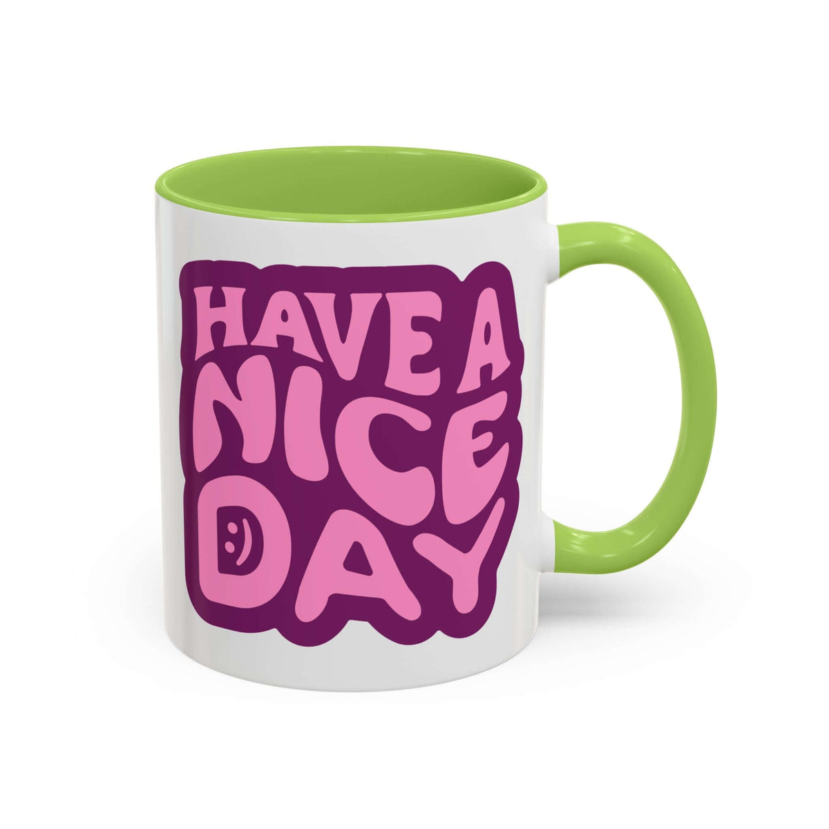 Colorful Have a Nice Day Mug with playful typography and a bright green interior.