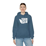 Woman wearing From the 509 Spokane hoodie featuring Washington state silhouette and bold text design.