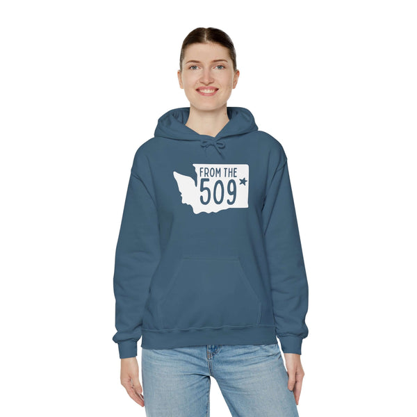 Woman wearing From the 509 Spokane hoodie featuring Washington state silhouette and bold text design.
