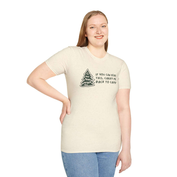 Woman wearing "If You Can Read This Take Me Back to Camp" softstyle t-shirt with tree graphic.
