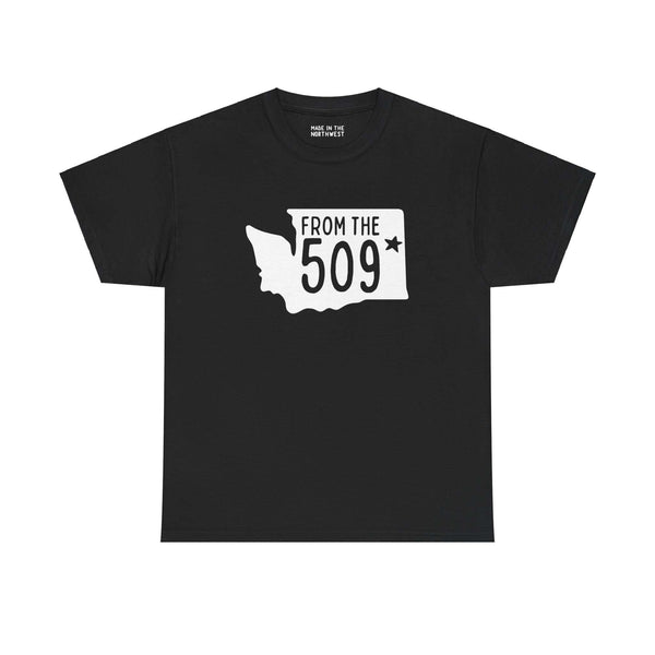 Black "From the 509" athletic tee with Washington state silhouette and Spokane star marking.