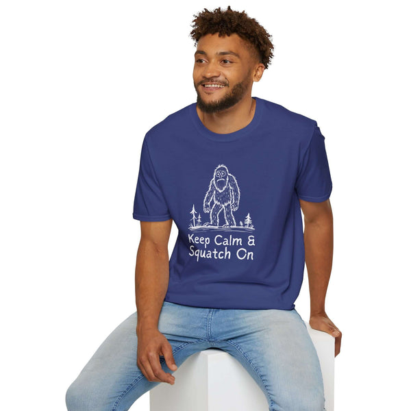 Man wearing Keep Calm & Squatch On Bigfoot t-shirt, perfect for Bigfoot enthusiasts and Sasquatch believers.