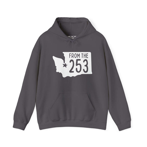 Gray "From the 253" hoodie featuring Washington state silhouette with Tacoma star, showcasing local pride and area code.