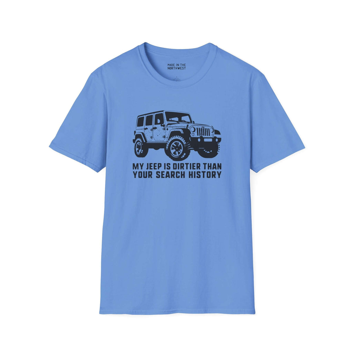 Blue softstyle t-shirt featuring a Jeep graphic and text 'My Jeep is Dirtier Than Your Search History'.