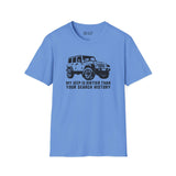Blue softstyle t-shirt featuring a Jeep graphic and text 'My Jeep is Dirtier Than Your Search History'.