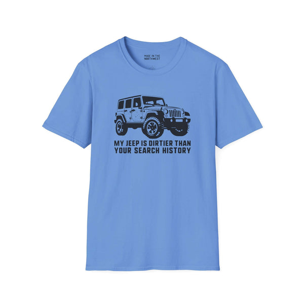 Blue softstyle t-shirt featuring a Jeep graphic and text 'My Jeep is Dirtier Than Your Search History'.