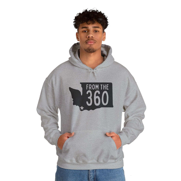 Man wearing "From the 360" hoodie with Washington state silhouette and Vancouver star, representing 360 area code pride.