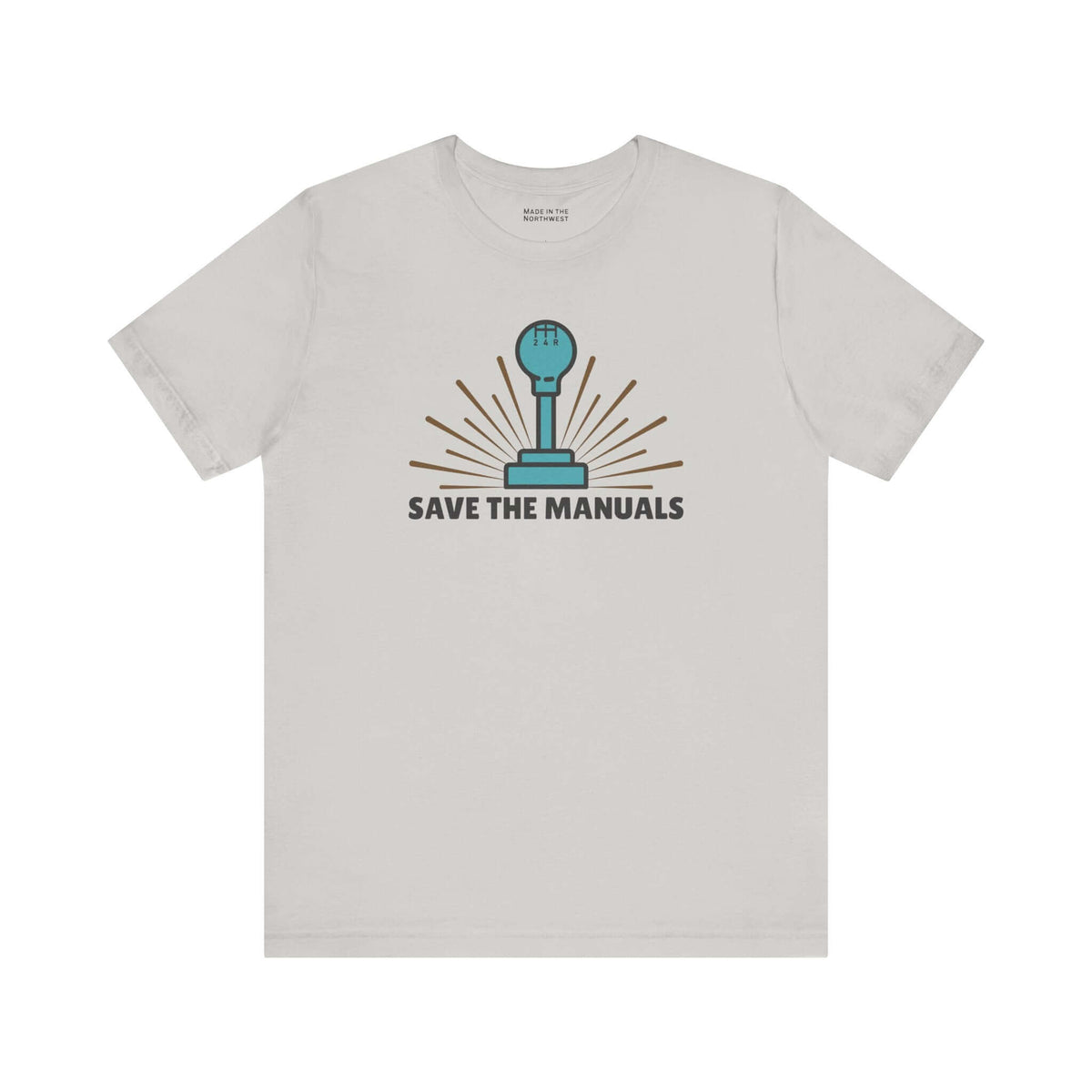 Save the Manuals T Shirt featuring a minimalist gearshift graphic and bold text on a light background.