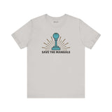 Save the Manuals T Shirt featuring a minimalist gearshift graphic and bold text on a light background.