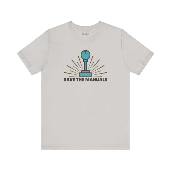 Save the Manuals T Shirt featuring a minimalist gearshift graphic and bold text on a light background.