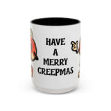 Merry Creepmas Mug featuring a playful design with pumpkins and candy canes for holiday cheer.