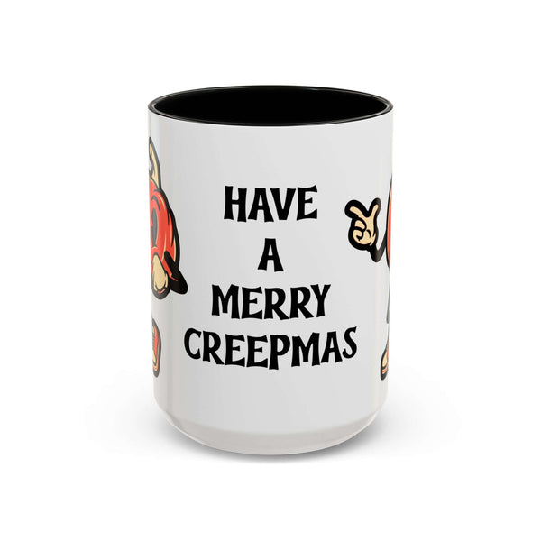 Merry Creepmas Mug featuring a playful design with pumpkins and candy canes for holiday cheer.
