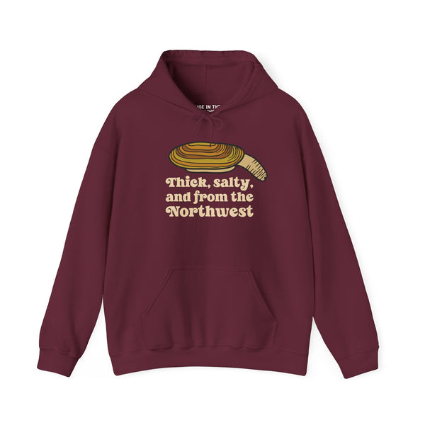 Thick & Salty Northwest Geoduck Clam Hoodie in maroon, featuring a bold clam graphic and humorous text.