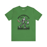 Skelesquatch Legends Never Die Halloween tee featuring skeleton sasquatch with bloody knife and Scream mask on green shirt.