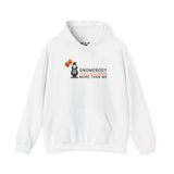 White hoodie with 'Gnomebody Loves Halloween More Than Me' and a skeleton gnome holding Halloween balloons.