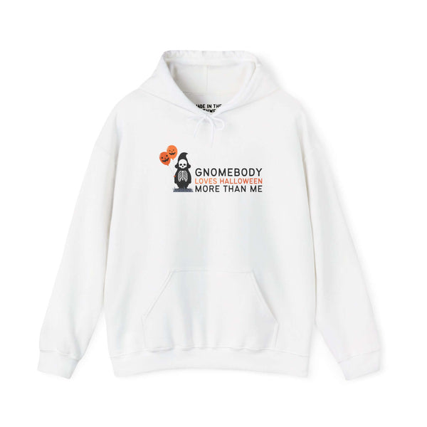 White hoodie with 'Gnomebody Loves Halloween More Than Me' and a skeleton gnome holding Halloween balloons.