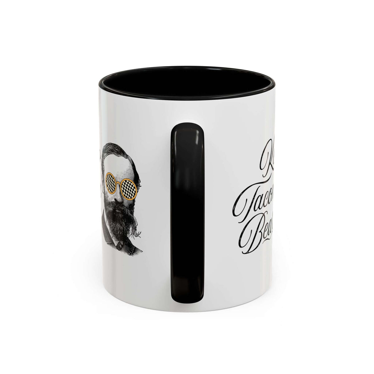 Keep Tacoma Beard Ceramic Coffee Mug featuring a vintage bearded man with sunglasses.