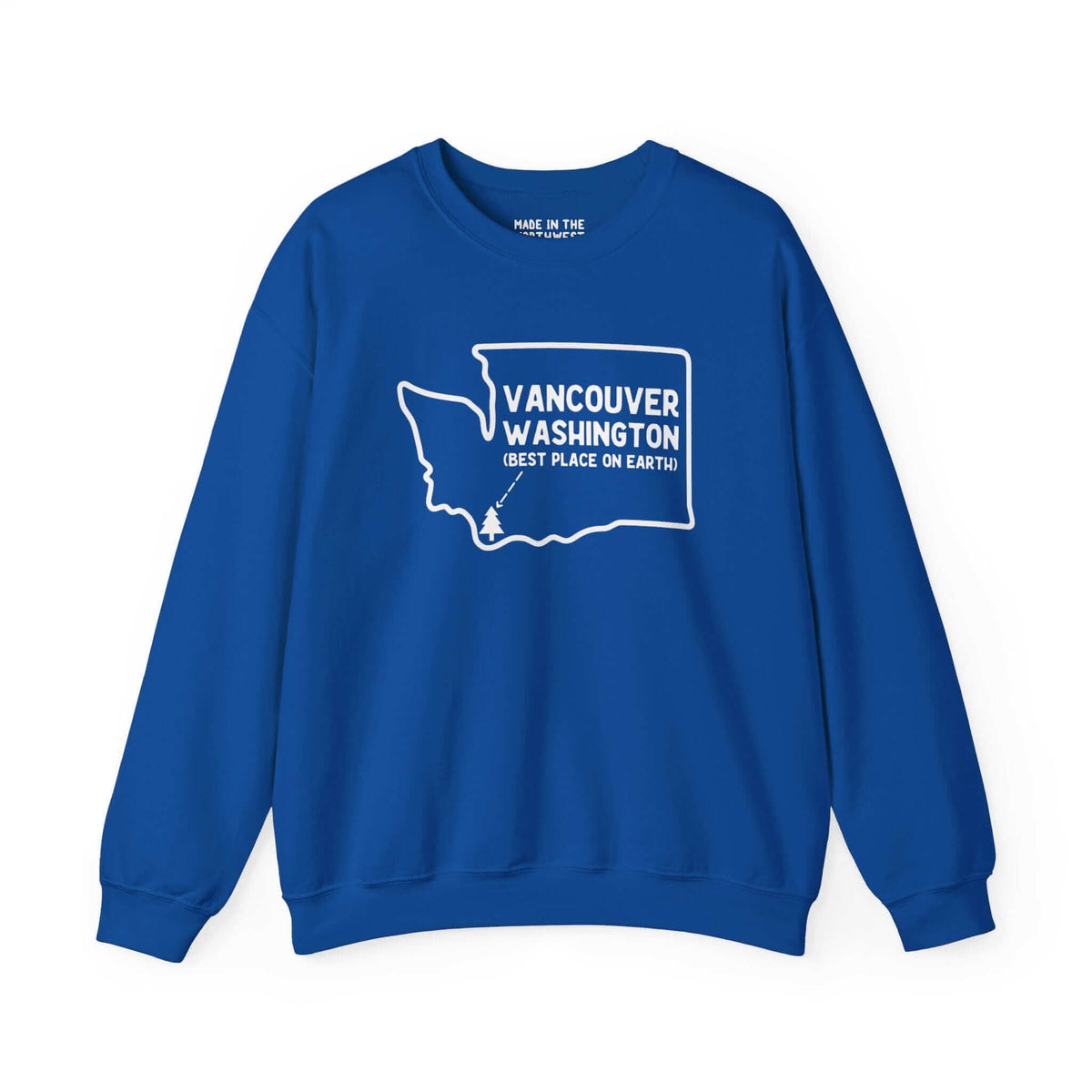 Blue Vancouver Washington sweatshirt with state outline and tree icon, celebrating Pacific Northwest pride.