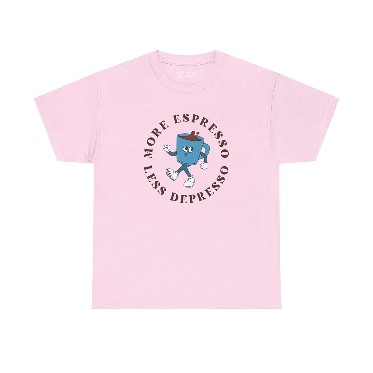 Pink athletic tee with "More Espresso Less Depresso" design featuring a playful coffee cup graphic.