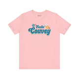 Feelin' Couvey retro premium soft tee in pink featuring 70s font and colorful flowers, celebrating Vancouver's spirit.