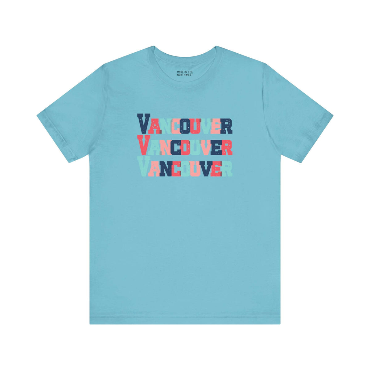 Blue Vancouver tee with colorful block-letter design, celebrating the city's vibrant style, perfect for fans and locals alike.